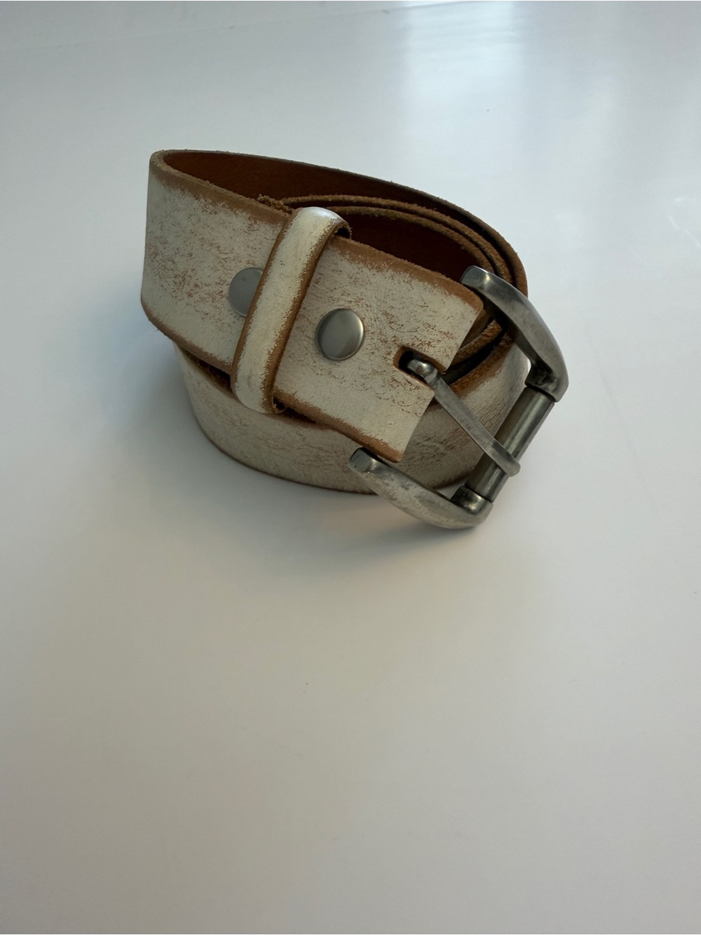 Bill Adler Distressed White Leather Belt Size 36